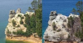 Before and after one of Miners Castle's turrets collapses. Photo courtesy of the National Park Service.