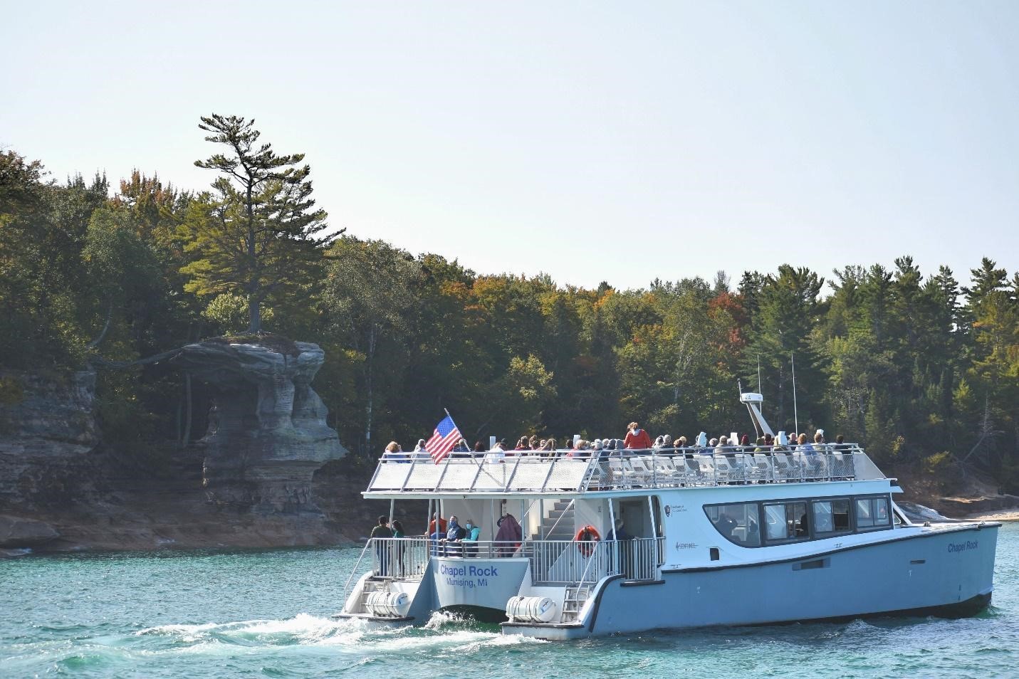 A Pictured Rocks Cruise passes Chapel Rock in Pictured Rocks National Lakeshore