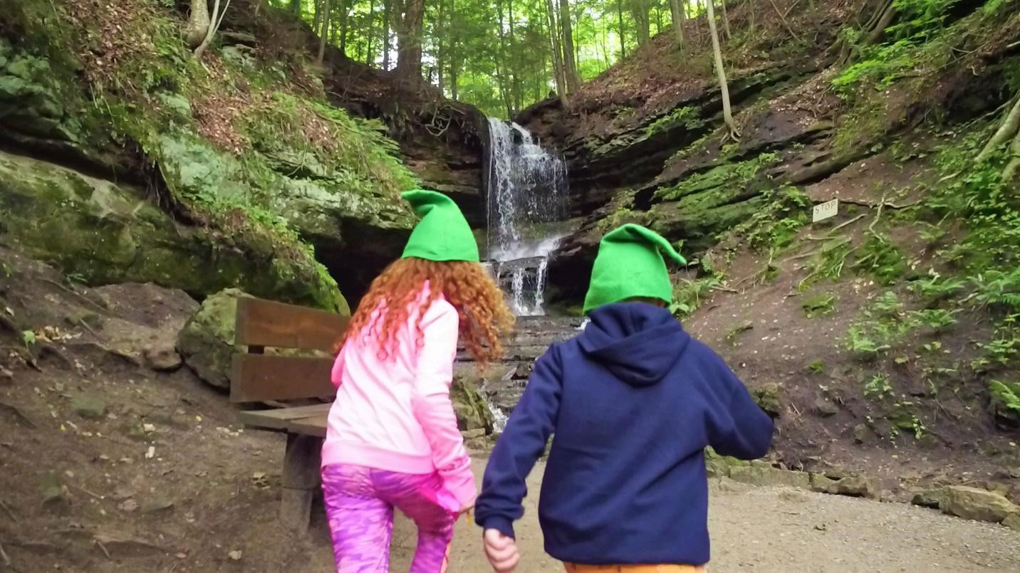Kids on a gnome hunt at Horseshoe Falls in Munising