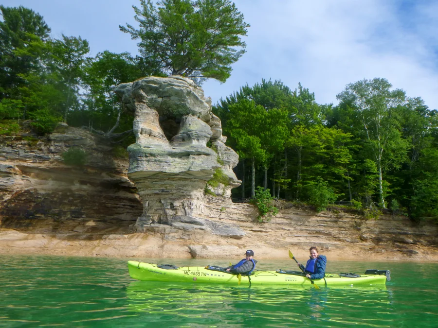 Kayaking next to Chapel Rock in Pictured Rocks National Lakeshore.