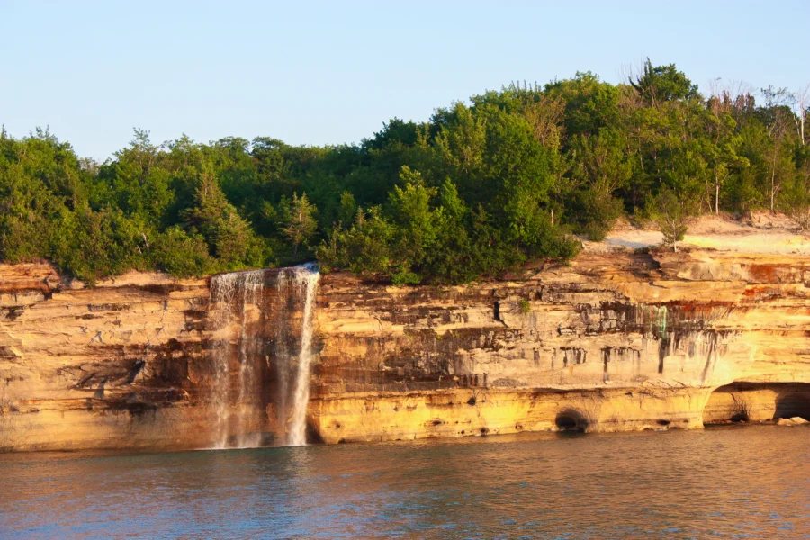 Spray Falls in Pictured Rocks National Lakeshore around sunset