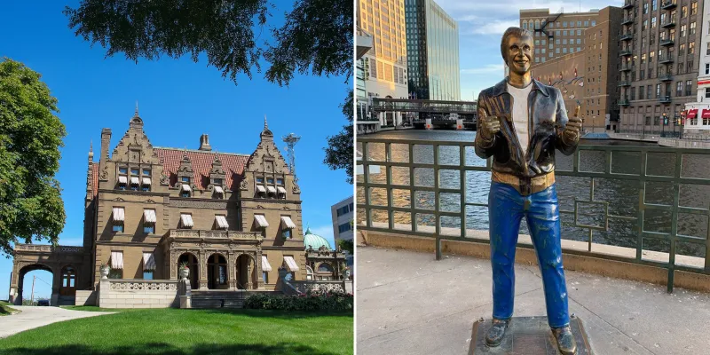 Pabst Mansion on the left, Bronze Fonz on the right